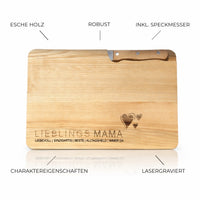 Schneidebrett mit Messer für Mama – „Lieblings MAMA“ Geschenk aus Escheholz