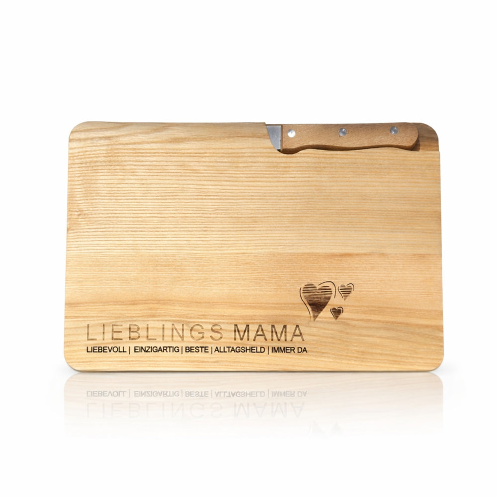 Schneidebrett mit Messer für Mama – „Lieblings MAMA“ Geschenk aus Escheholz