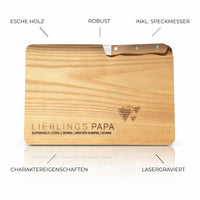 Personalisiertes Schneidebrett mit Messer für Papa – „Lieblings PAPA“ Geschenk aus Escheholz