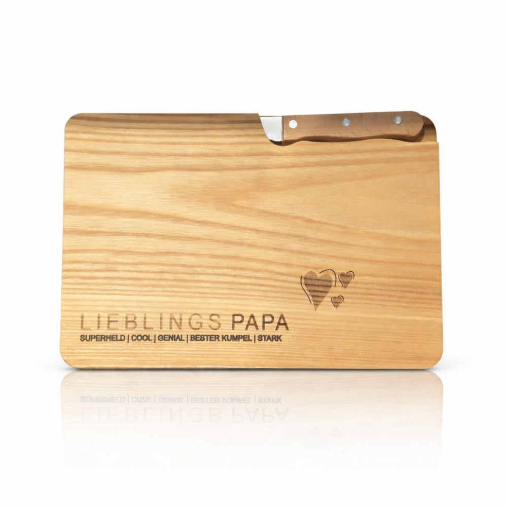 Personalisiertes Schneidebrett mit Messer für Papa – „Lieblings PAPA“ Geschenk aus Escheholz